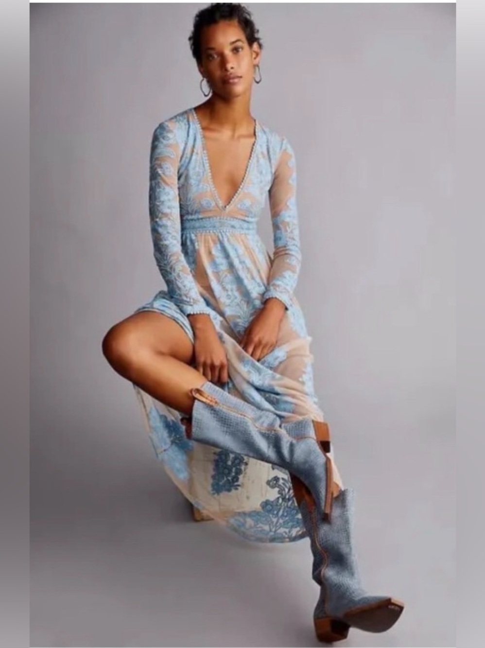 For Love and Lemons Light Blue and Nude Temecula Maxi Dress NWT Size Large